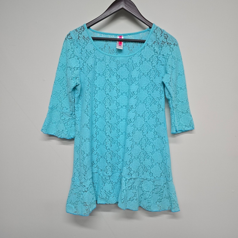 Betsey Johnson Floral Lace Top Womens Medium Blue Nylon Ruffle Bell Sleeve Boho
